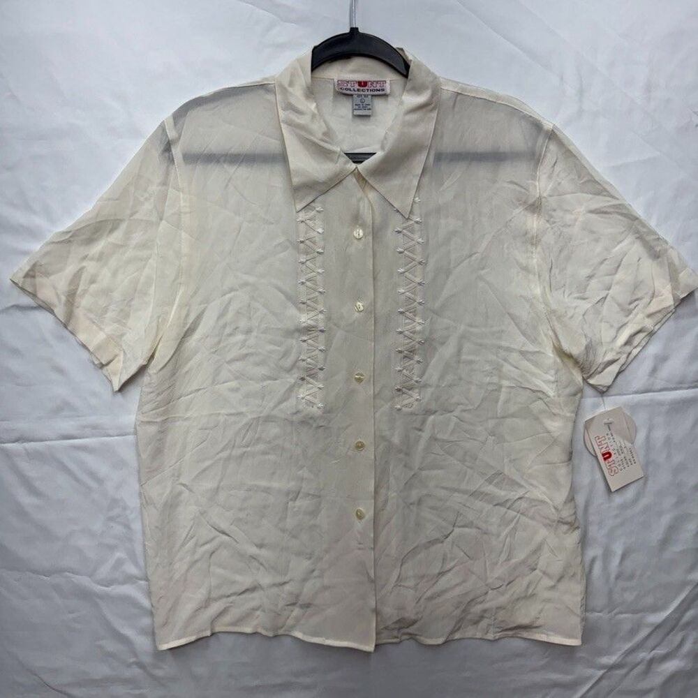 Stunt Collections Womens L White 100% Silk Short Sleeve Button Up Blouse Lace Up